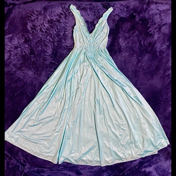 M Vintage 70s Olga Teal stretchy satin-like maxi dress nightgown - Picture 4 of 16